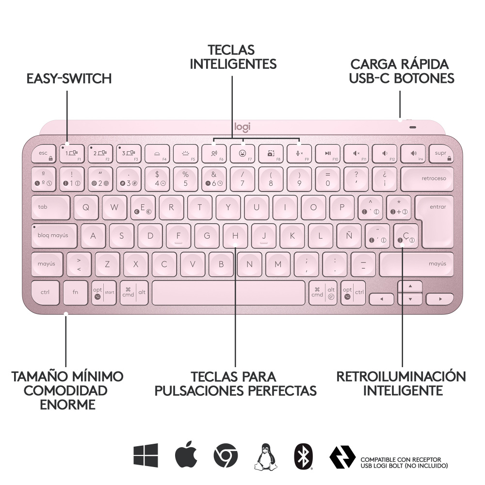 Teclado Inalámbrico Logitech MX Keys Mini, Rosa, Español - Deffo